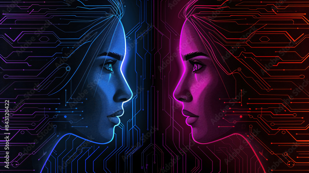 Aufkleber profile of two human faces with glowing neon circuitry for a tech-inspired backdrop
