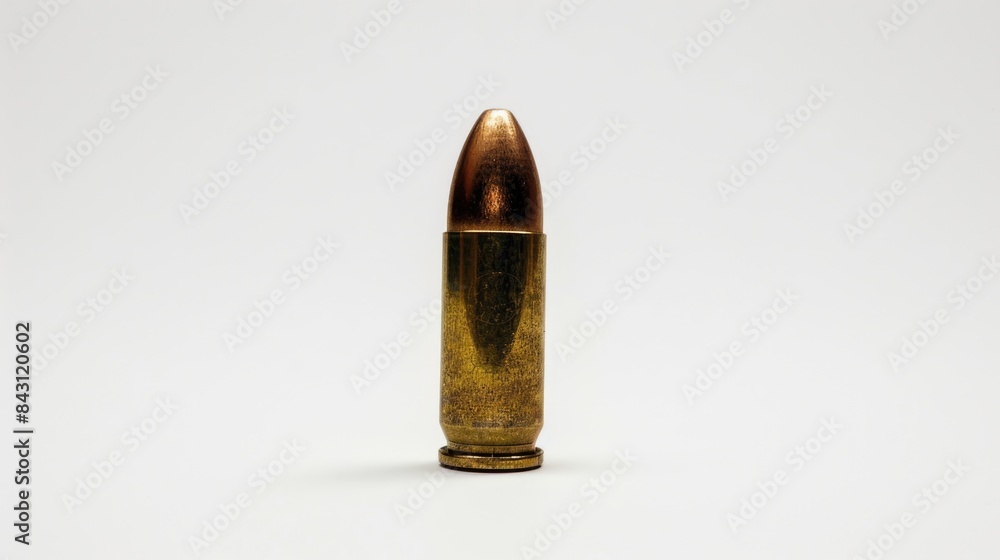 Poster a close-up shot of a single bullet on a white background