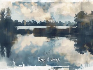Serene lake reflection with inspirational quote. Abstract watercolor painting of a tranquil lake at dusk, perfect for nature lovers, featuring the quote 