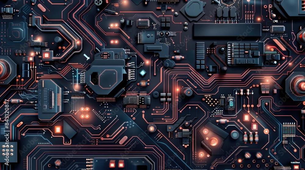 Aufkleber A detailed view of a computer circuit board with various components and wiring