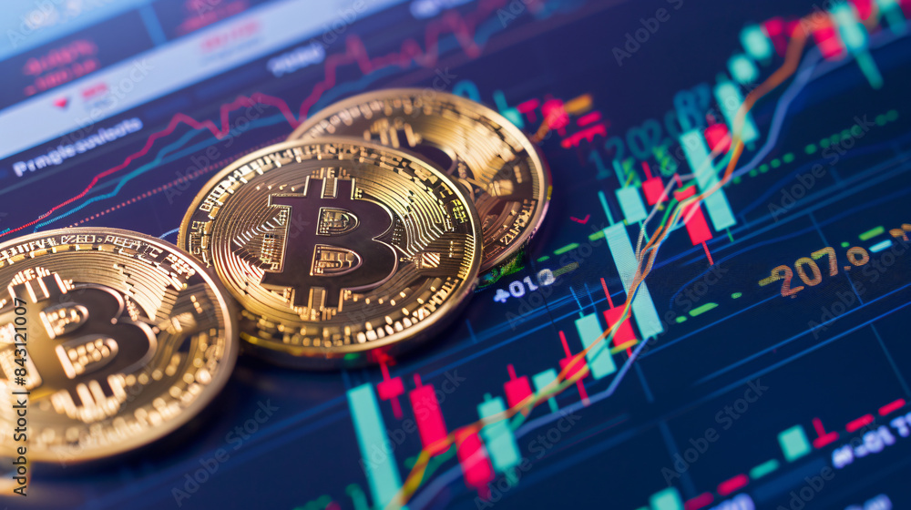 Poster macro image of a bitcoin coin on glowing stock market graph displays