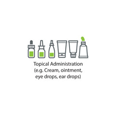 Diagram showing Topical Administration - Cream, ointment, eye drops, ear drops - drug delivery route scientific illustration.