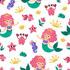 Vector seamless pattern with mermaid with pink hair. Underwater kingdom repeat background with princess, fish, crab, seahorse, star, shell. Cartoon water, marine fairytale digital paper for kids.
