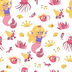 Vector mermaids seamless pattern. Underwater kingdom repeat background with princess, fish, seaweeds, crab, jellyfish, seashell. Cartoon water, marine fairytale digital paper for kids.