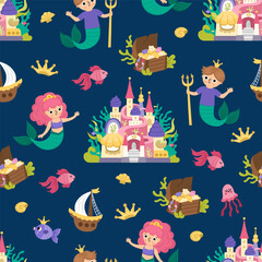 Vector mermaids seamless pattern. Underwater kingdom repeat background with princess, prince, fish, castle, seaweeds, animals, treasure chest. Cartoon water, marine fairytale digital paper for kids