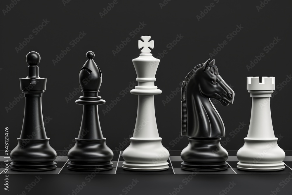 Poster a group of chess pieces arranged on a chess board, with various pieces and colors represented