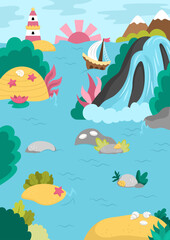 Vector mermaid land landscape illustration. Marine lagoon background with waterfall, rocks, sailing ship. Empty ocean nature kingdom vertical scene .
