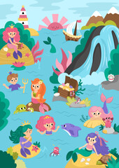 Obraz premium Vector mermaid land landscape illustration. Marine prince and princesses lagoon background with waterfall, rocks, treasure chest. Fairytale ocean kingdom vertical scene .