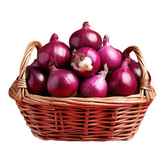 Red onion in a wicker basket on a transparent background
