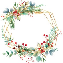 Gold Geometric Border. Watercolor Christmas Wreath with Berries and Floral Bouquet