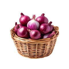 Red onion in a wicker basket on a transparent background