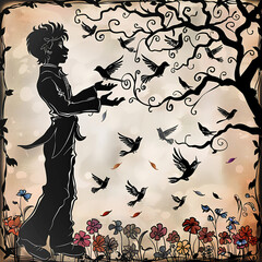 Fototapeta premium Silhouette of Boy Releasing Birds in Vintage Style