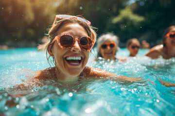 Active mature women enjoying aqua gym class in a pool,