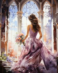 Fototapeta premium Watercolor background of a wedding woman walking in a fairy garden