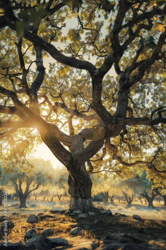 Poster sunlight filtering through tree branches, a natural scene with warm tones