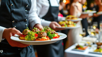 Elegant waiters serving gourmet dishes at a formal event. Professional catering service.