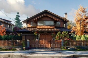 Fototapeta premium Cozy suburban home with brown tiled roof and wooden fence surrounding the property