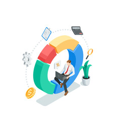 isometric vector business man with laptop sitting in pie chart, in color on white background, working with statistics or financial analytics