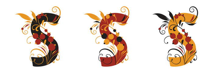 The letter S in the old Russian style in three versions with beautiful curls. Traditional Russian floral motifs. For monogram, invitations, wedding, decoration.