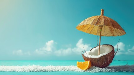 Tropical beach concept made of coconut fruit and sun umbrella. Creative minimal summer idea.