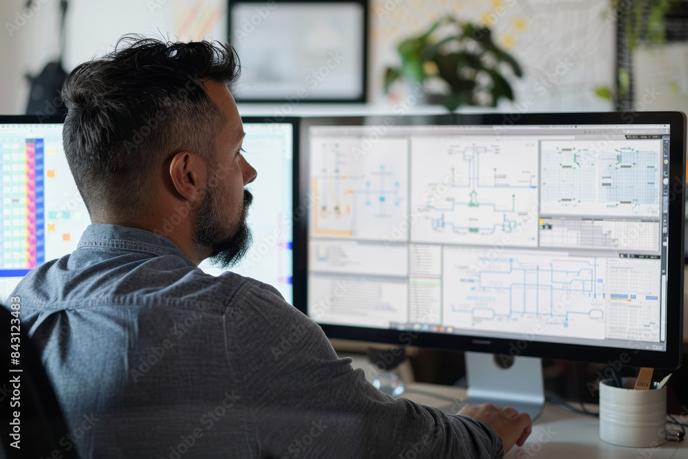 Poster a man is sitting in front of two computer monitors