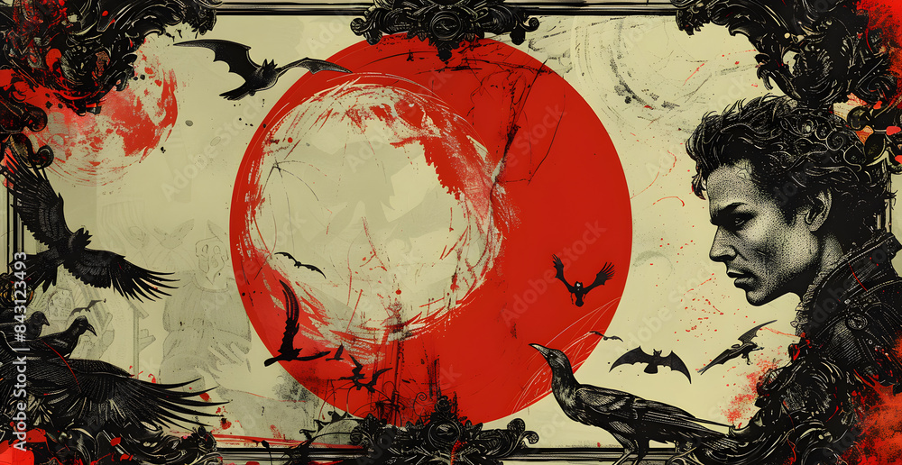 Poster a painting of a man with a red circle in the background