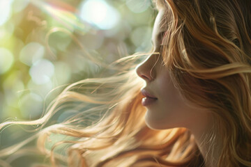 A woman with long blonde hair is shown with her face turned away from the camera