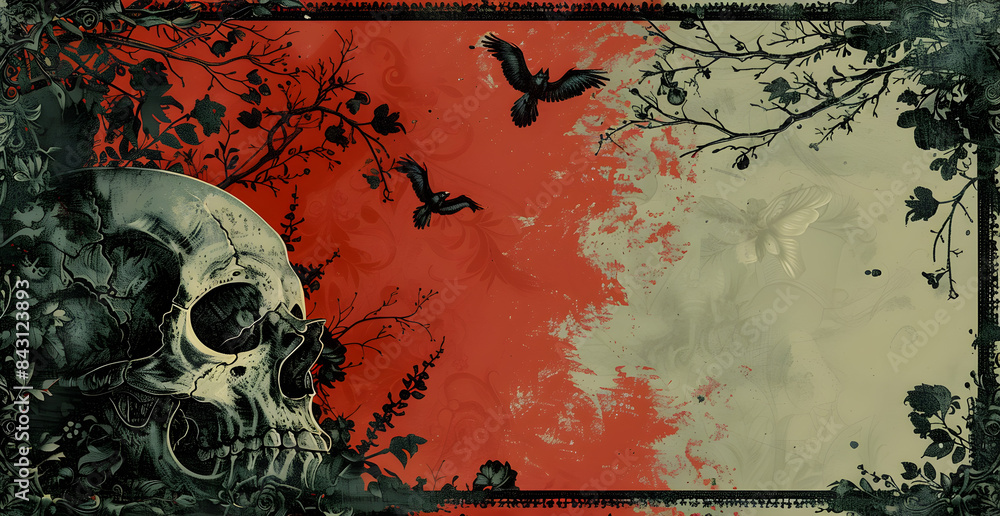 Poster a skull is on a red background with birds flying in the background