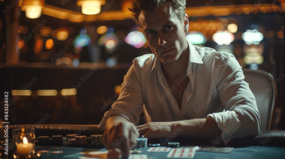 Poster Man playing cards at a table, focus on the game