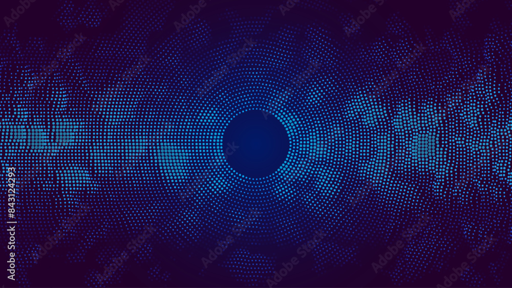 Poster Abstract Digital Circles of Particles with Noise. Futuristic Circular Sound Wave. Big Data Visualization. 3D Virtual Space VR Cyberspace. Vector Illustration.