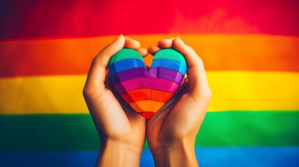 Close-up of hands forming a heart shape in front of a rainbow flag, symbolizing love and unity