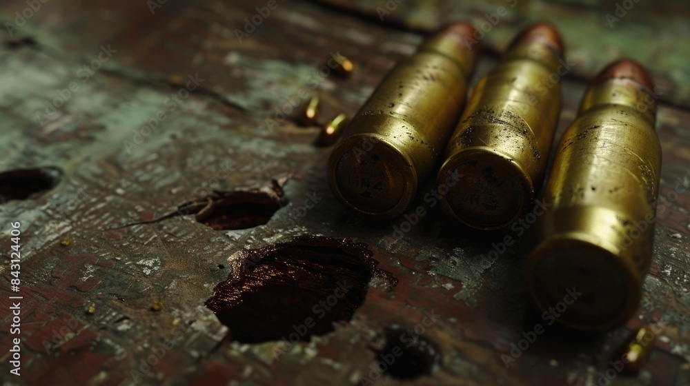 Poster a collection of spent bullet shells lying on a wooden surface, possibly used for target practice or 