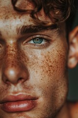 Obraz premium Close-up photo of a person's face with distinctive freckles