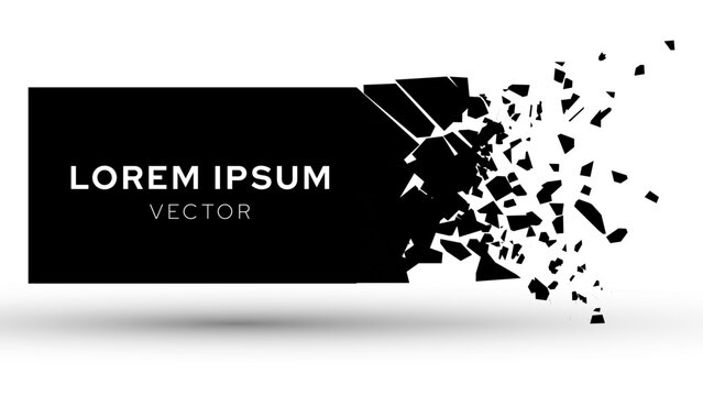 Shattered Rectangle Banner Explodes Isolated on White Background. Broken Shape With Cracks and Flying Fragments. Vector Illustration.