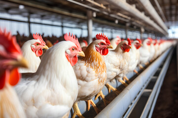 Chicken farm. Egg-laying chicken in cages. Commercial hens poultry farming. Layer hens livestock farm. Intensive poultry farming in close systems. Egg production agriculture. 