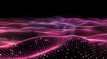 Pink and purple digital waves form a dynamic abstract background with glowing particles