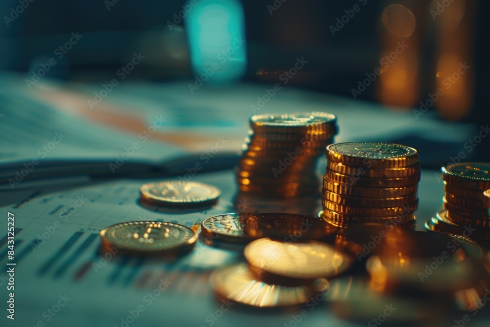Poster A stack of coins placed on a surface, possibly for counting or storing
