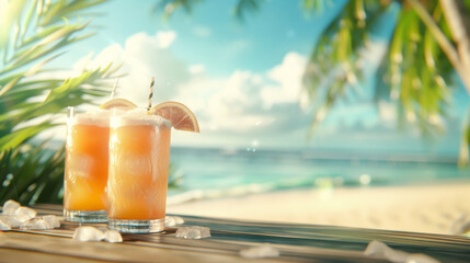 Exotic summer drinks stand out against a blurred sandy beach backdrop.