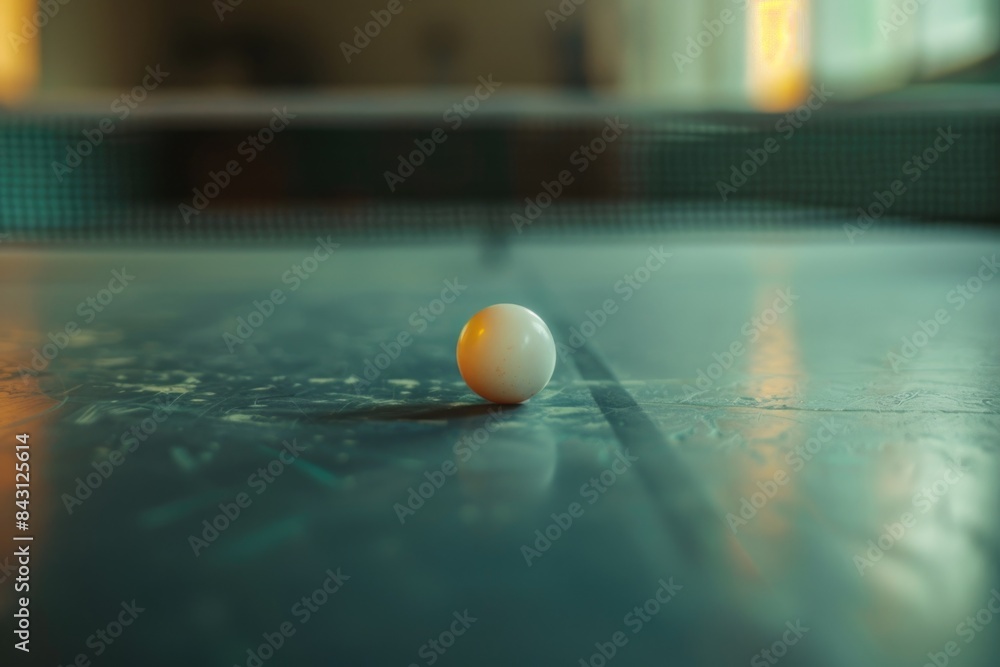 Poster a ping pong ball sits on top of a table, ready for play or game