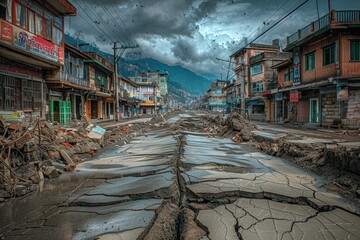Fototapeta premium A street covered in muddy debris after heavy rainfall