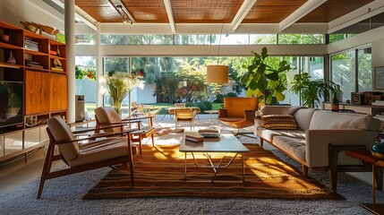 Fototapeta premium The sleek interior room is adorned with white tiles and a stylish frame on the back wall. A colorful sofa with vibrant cushions adds a pop of color, complemented by a bright ceiling and a potted plant