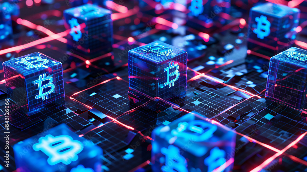 Aufkleber abstract digital illustration of bitcoins on a circuit grid, symbolizing cryptocurrency technology
