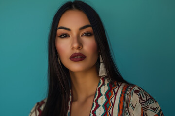Fototapeta premium stunning native american woman with sleek black hair and bold makeup on a teal background