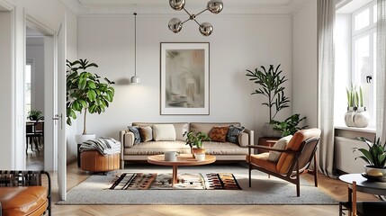 The sleek interior room is adorned with white tiles and a stylish frame on the back wall. A colorful sofa with vibrant cushions adds a pop of color, complemented by a bright ceiling and a potted plant