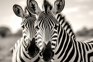 Close-up of two Zebras, Tanzania. Black and white.