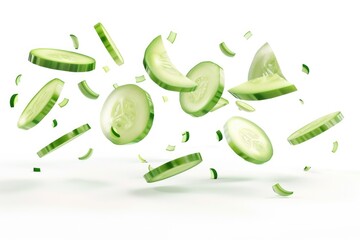 Cucumber slices falling from above, a moment captured in mid-air