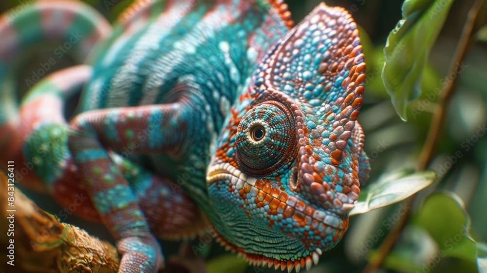 Poster A chameleon sits on a tree branch, blending in with its surroundings