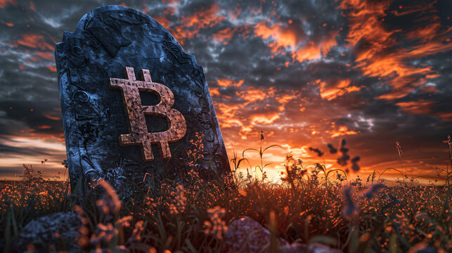 Fiery sky backdrop behind dramatic bitcoin symbol on gravestone image