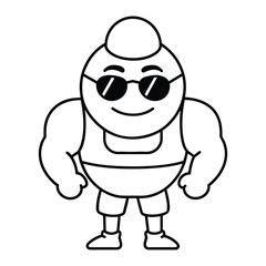cute smiling cartoon gym character of muscular man with strong muscle build tank top wearing sunglasses vector outline drawing