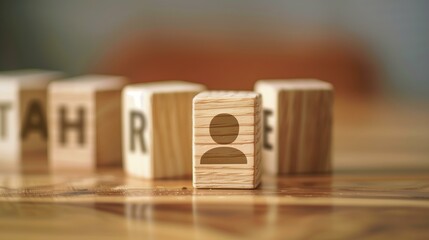 wooden blocks with letters HR and icon of one person on it, blurred background, copy space, hiring concept